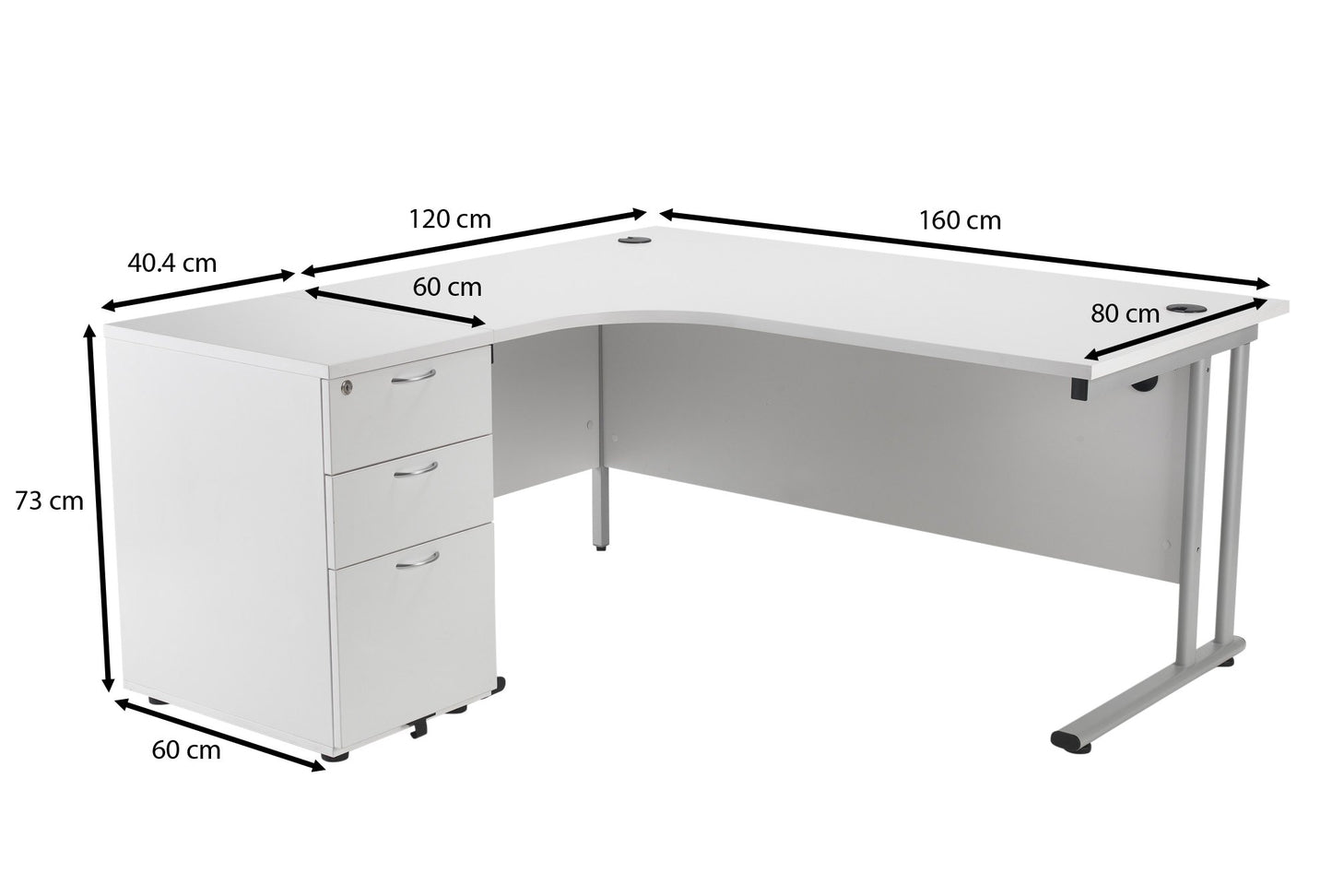Office Hippo Heavy Duty Left Corner Radial Desk With 3 Drawer High Storage, Home Office Filing, PC Workstation for Office or Home, 5 Yr Warranty, MFC - White, Silver Frame, 160cm x 160.4cm