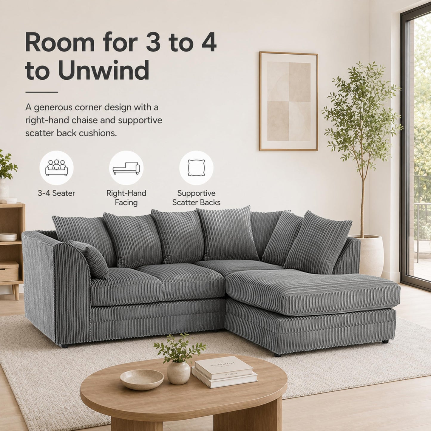 New Luxor Fabric Corner Sofa Grey | Soft Jumbo Cord 3-4 Seater Corner Sofa (Grey, Right Hand Facing)