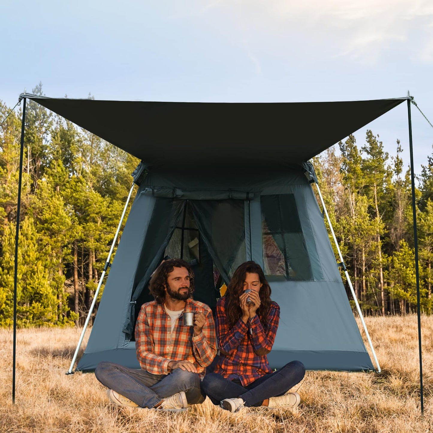 Instant Pop-Up Dome Tent 3-4 Person with Sunshade, Grey