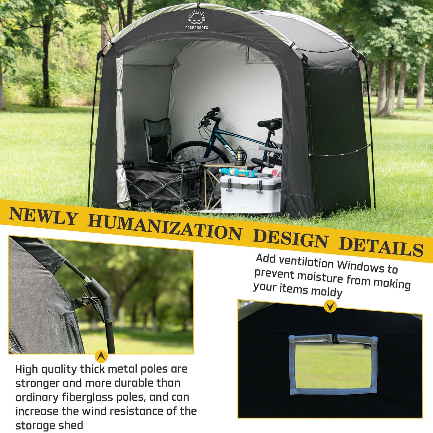 EPCPSHADES Bike Storage Shed Tent, Waterproof Portable Bicycle Cover with 30% More Top Storage Space for 2/3/4/5 Bikes,Clips Easy Setup Outdoor Sheds Shelter for Motorcycle, Garden Tools, Lawn Mower