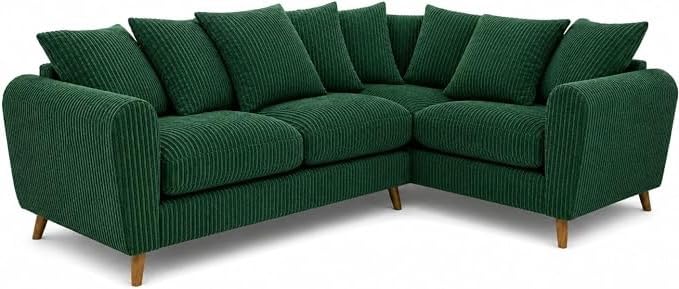 SofaSelection Harlow Jumbo Cord Right Hand Dual Arm Corner Sofa, Two Modern Tailored Sofas Joined at the Corner, Plump Scatter Back Cushions, Solid Hardwood Frame, Green
