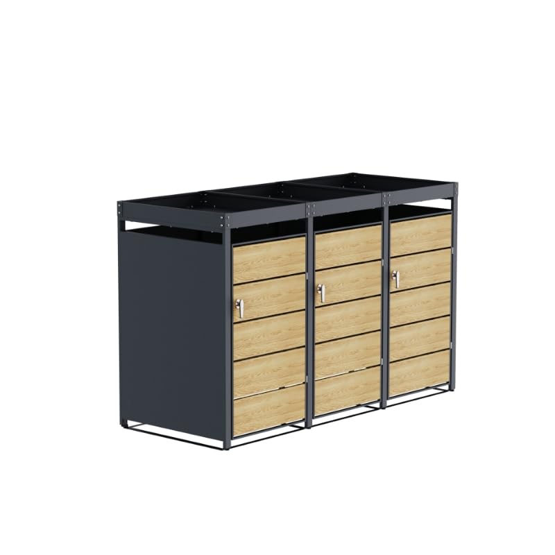 Galvanized Steel Bin Shelter – 3 x 240L – Sturdy Metal Structure – Oak Colour – Outdoor Storage Box for Waste Bins – Weather Resistant
