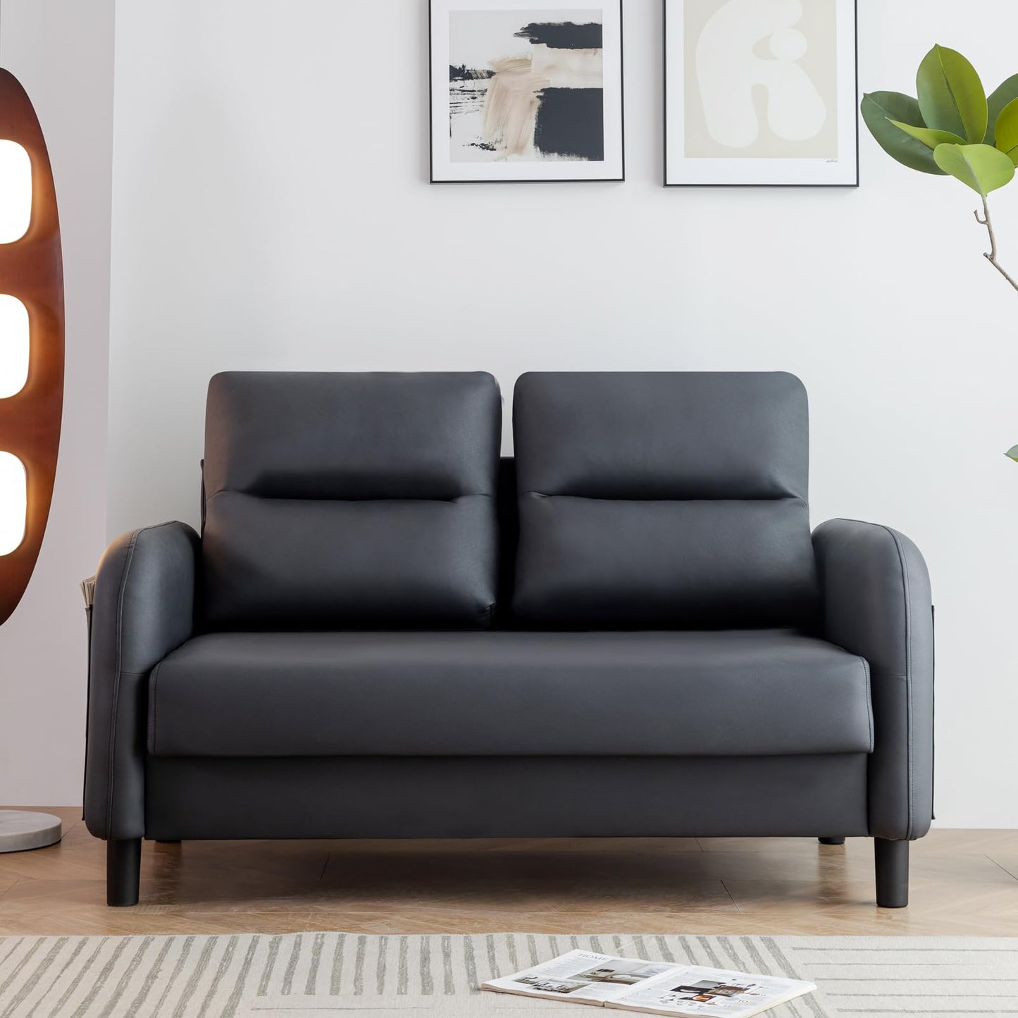 Faux Leather 2 Seater Sofa Couch With Cushion, 4 Legs, Love Seat Settee for Living Room, Office, Bedroom, Black