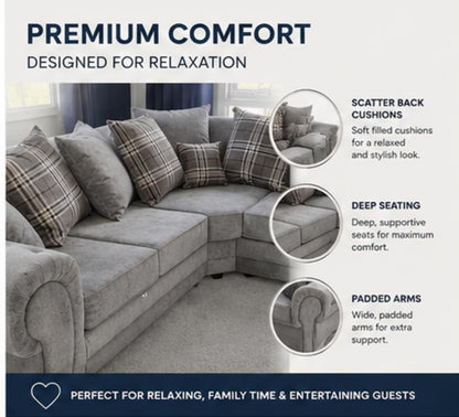 Verona Right Hand Facing Corner Sofa – Grey Fabric Scatter Back L Shape Sofa – Modern Upholstered Corner Couch for Living Room
