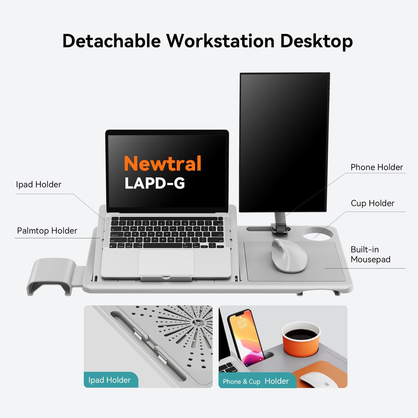 Newtral Ergonomic Office Chair with Detachable Laptop Tray - Home Desk Chair with Dynamic Lumbar Support, Foldable Footrest, 2D Headrest, 4D Armrest, Includes Mouse Zone, Cup Holder, NT002, Grey
