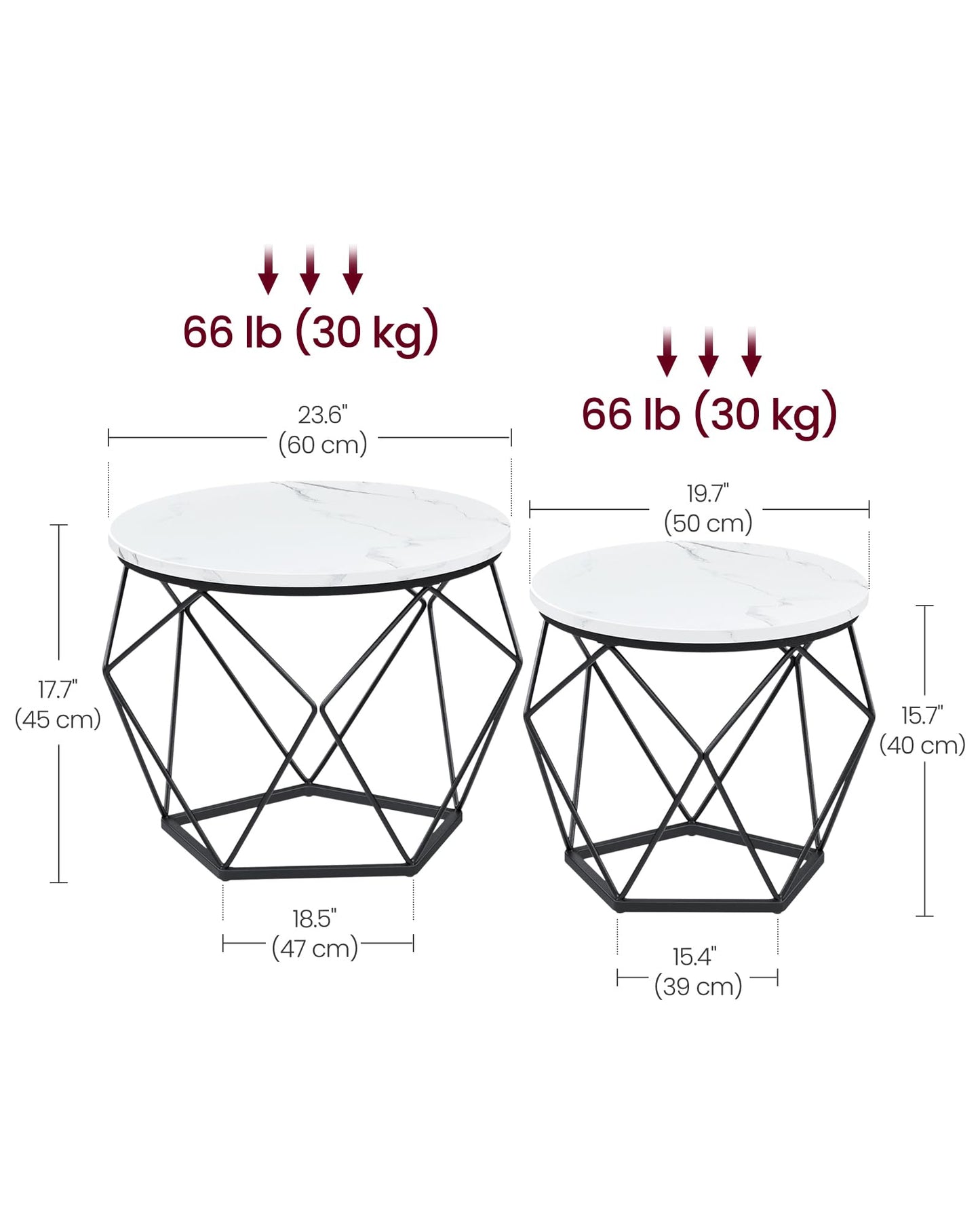VASAGLE Round Coffee Table, Set of 2, Side Table, Sofa End Table, Modern Style, Removable Top, Steel Frame, for Living Room, White and Black LET040B59
