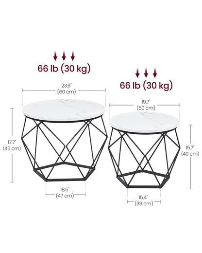 VASAGLE Round Coffee Table, Set of 2, Side Table, Sofa End Table, Modern Style, Removable Top, Steel Frame, for Living Room, White and Black LET040B59