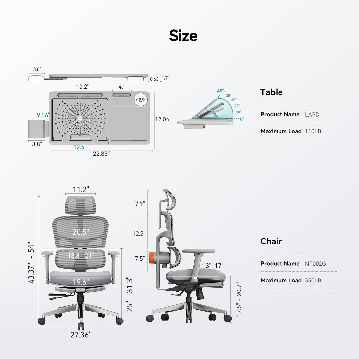 Newtral Ergonomic Office Chair with Detachable Laptop Tray - Home Desk Chair with Dynamic Lumbar Support, Foldable Footrest, 2D Headrest, 4D Armrest, Includes Mouse Zone, Cup Holder, NT002, Grey