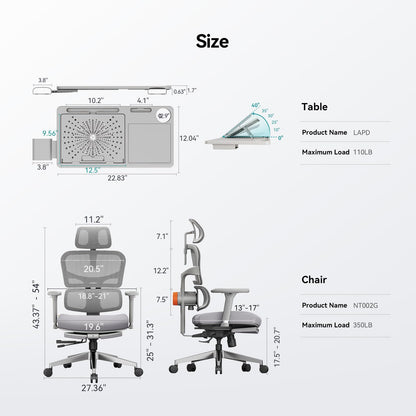 Newtral Ergonomic Office Chair with Detachable Laptop Tray - Home Desk Chair with Dynamic Lumbar Support, Foldable Footrest, 2D Headrest, 4D Armrest, Includes Mouse Zone, Cup Holder, NT002, Grey