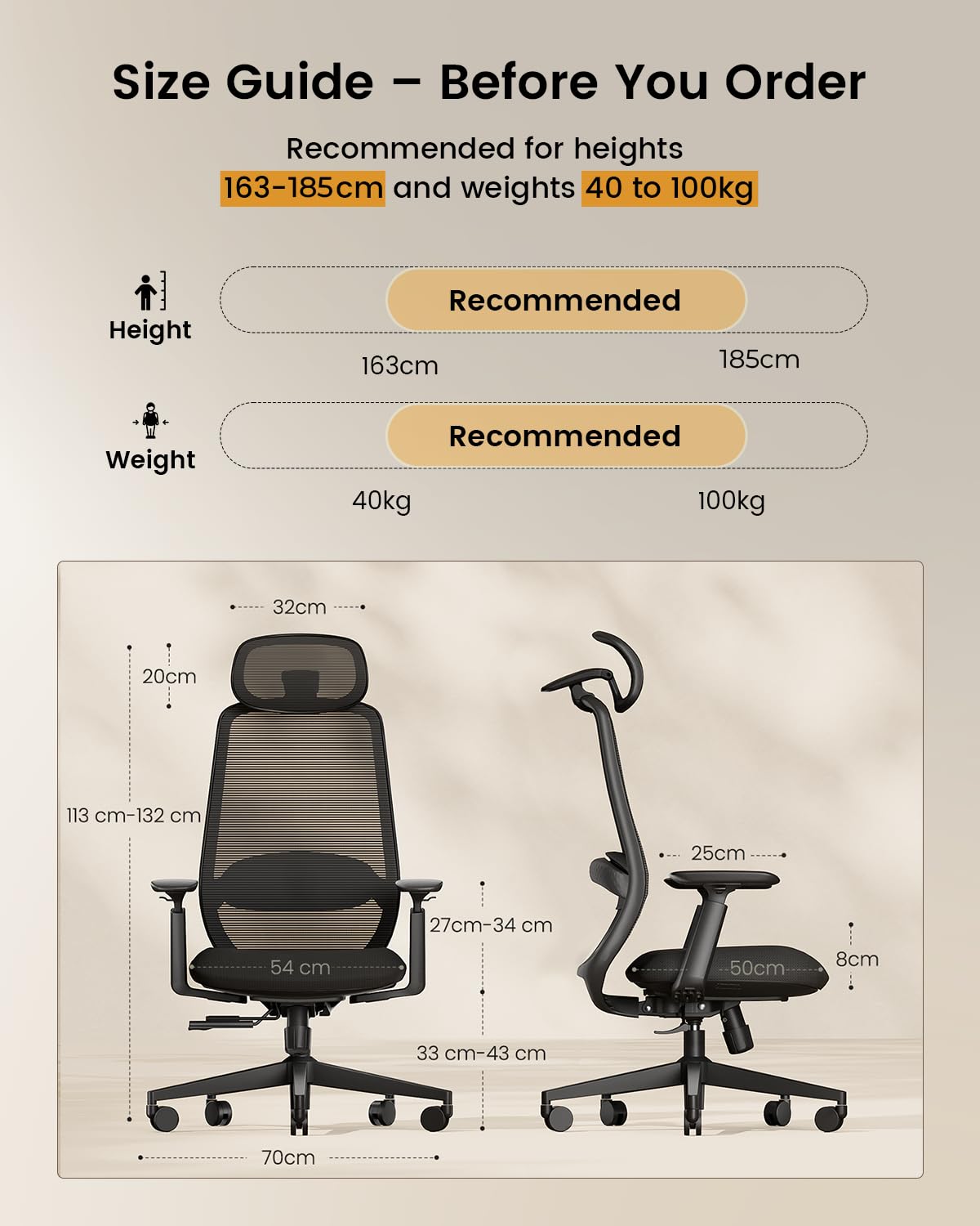 ProtoArc EC200 Ergonomic Office Chair with Adjustable Seat Depth, Black