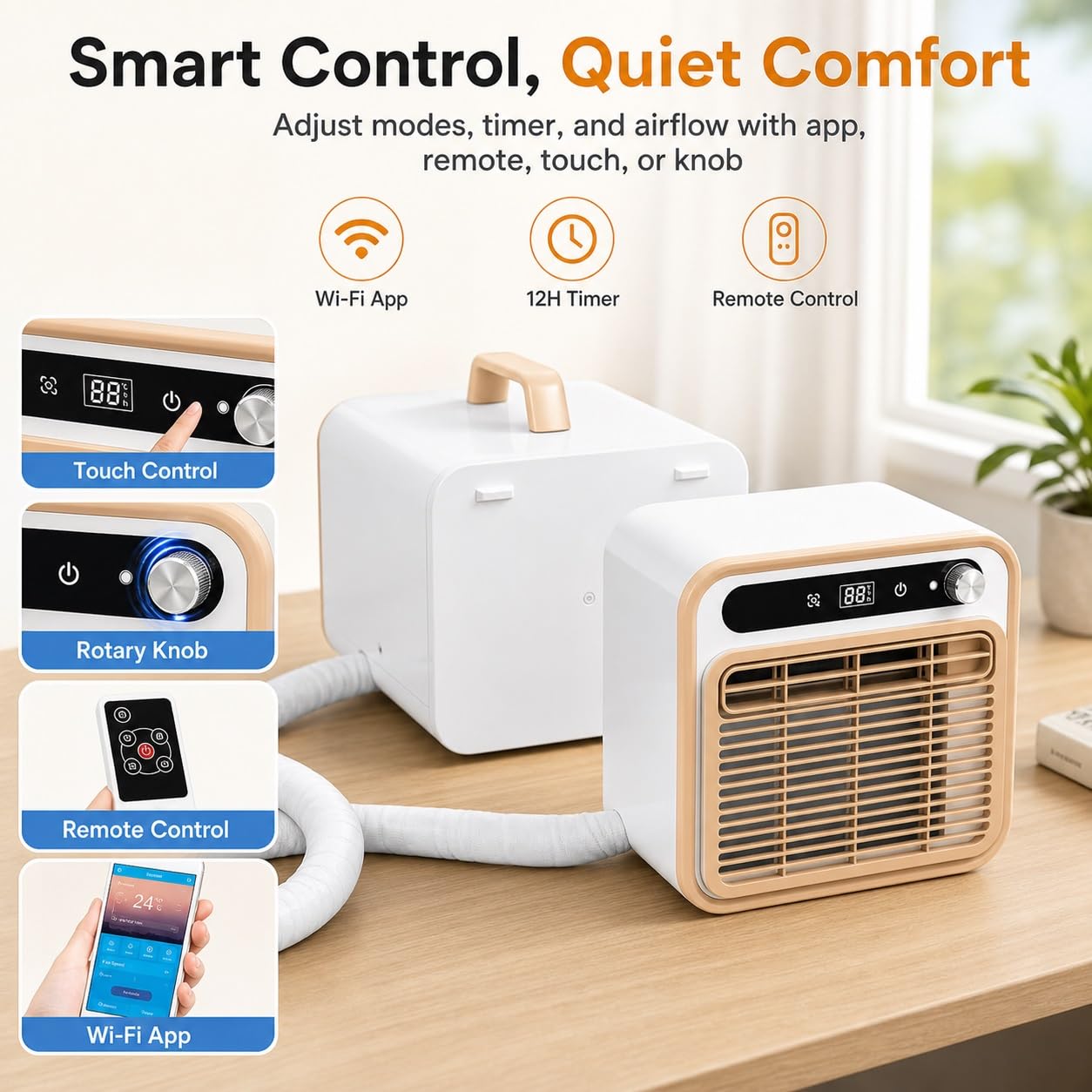 5000 BTU Portable Split AC, Smart Quiet Cooler with Remote & App Control, 12H Timer & 130m³/h Airflow, DIY Installation for Bedroom, Office, RV, Camping(1.5m tube)