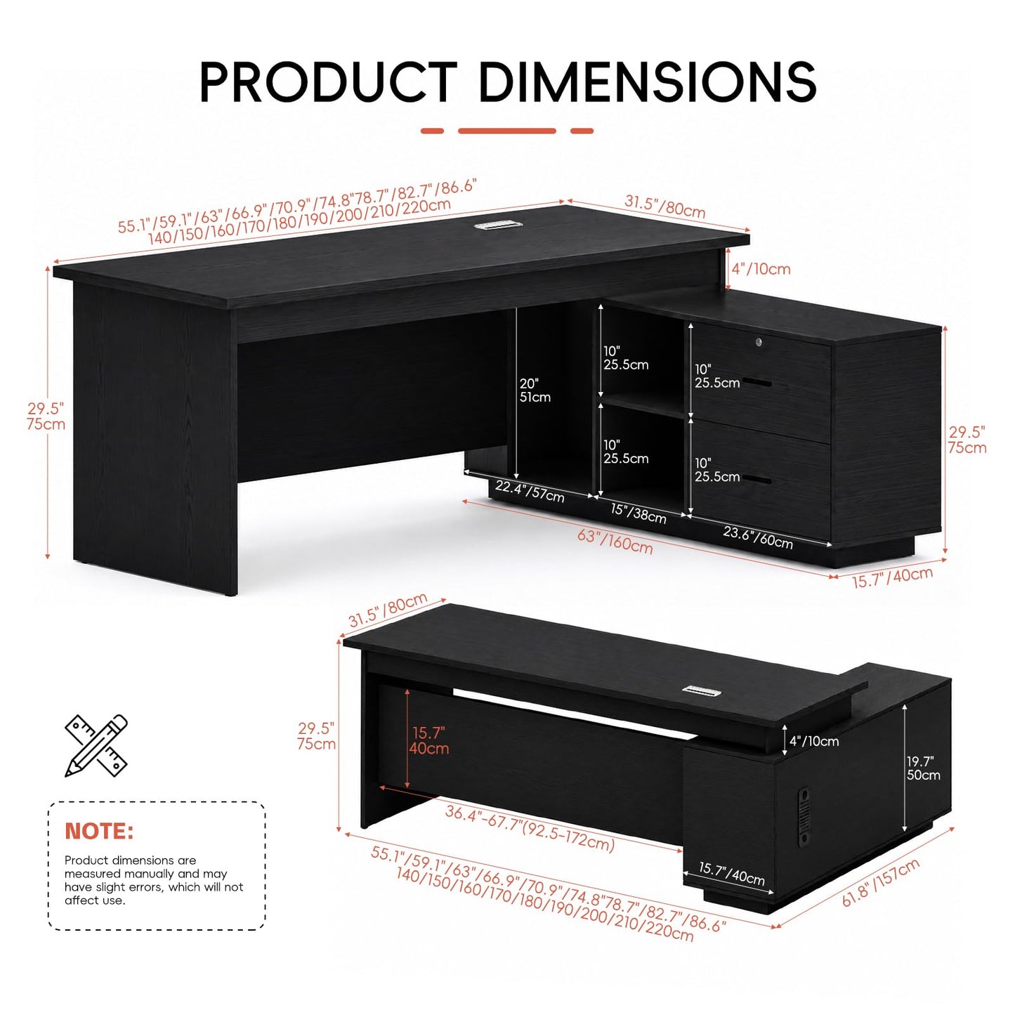 SNUGLIFY Large Executive Desk with Storage Cabinet and Drawers, Office Desk with Open Shelves, Cable Management, Desk for Home Office, Executive Office & Managers