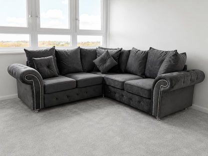 Hugo Grey Velvet Corner Sofa – Plush 2C2 Fabric Corner Couch – Modern Luxury 4–5 Seater Sofa with Deep Cushions for Living Room