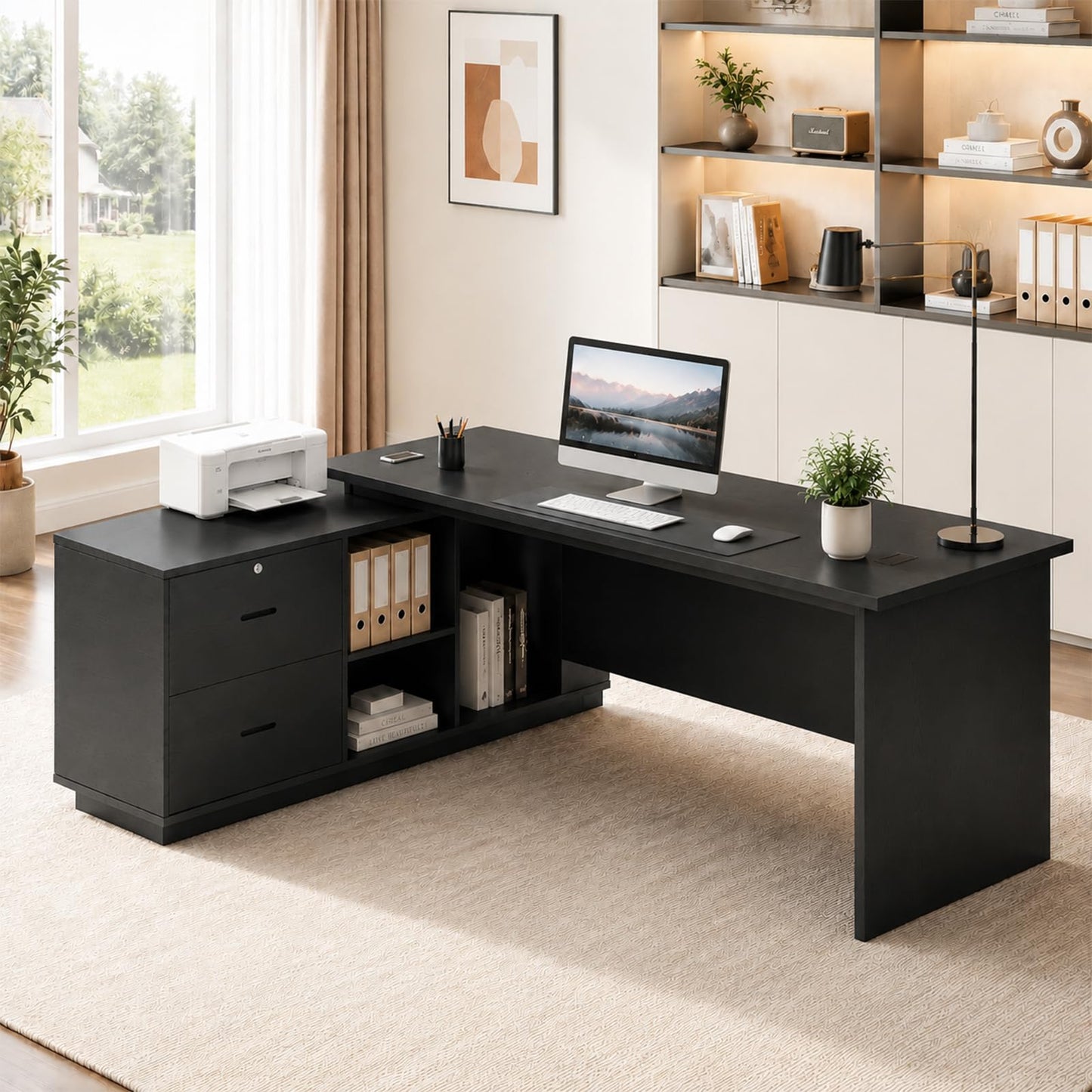 SNUGLIFY Large Executive Desk with Storage Cabinet and Drawers, Office Desk with Open Shelves, Cable Management, Desk for Home Office, Executive Office & Managers