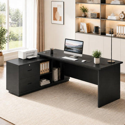 SNUGLIFY Large Executive Desk with Storage Cabinet and Drawers, Office Desk with Open Shelves, Cable Management, Desk for Home Office, Executive Office & Managers