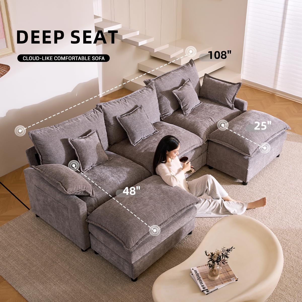 The Haven 108" U-Shaped Modular Cloud Sofa – Deep Seat Chenille Sectional