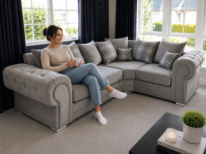 Verona Right Hand Facing Corner Sofa – Grey Fabric Scatter Back L Shape Sofa – Modern Upholstered Corner Couch for Living Room