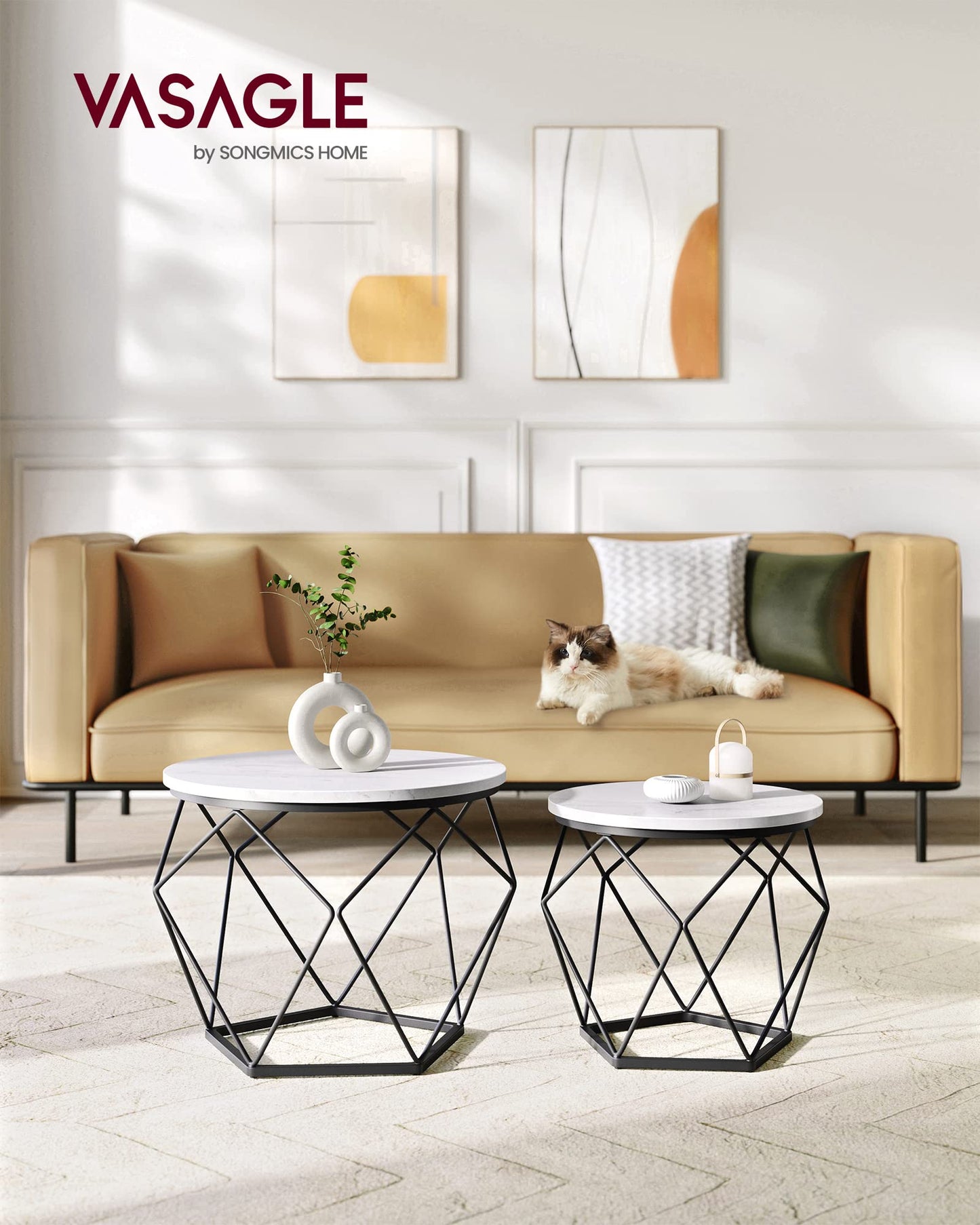 VASAGLE Round Coffee Table, Set of 2, Side Table, Sofa End Table, Modern Style, Removable Top, Steel Frame, for Living Room, White and Black LET040B59