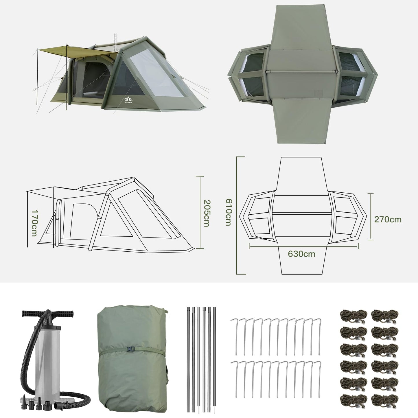 Night Cat 8 Man Inflatable Air Tent, 2 Bedroom, Green
