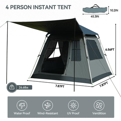 Instant Pop-Up Dome Tent 3-4 Person with Sunshade, Grey