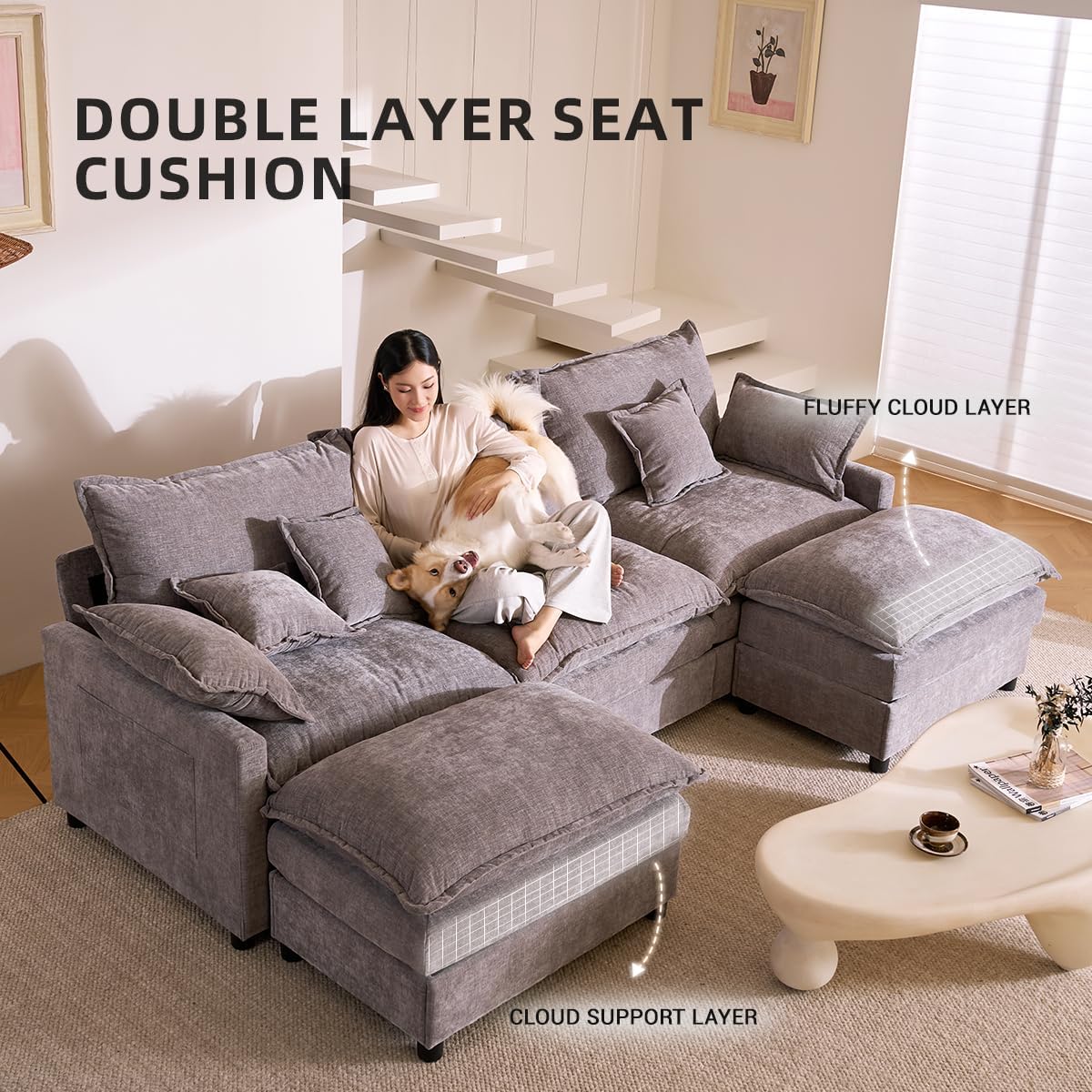 The Haven 108" U-Shaped Modular Cloud Sofa – Deep Seat Chenille Sectional