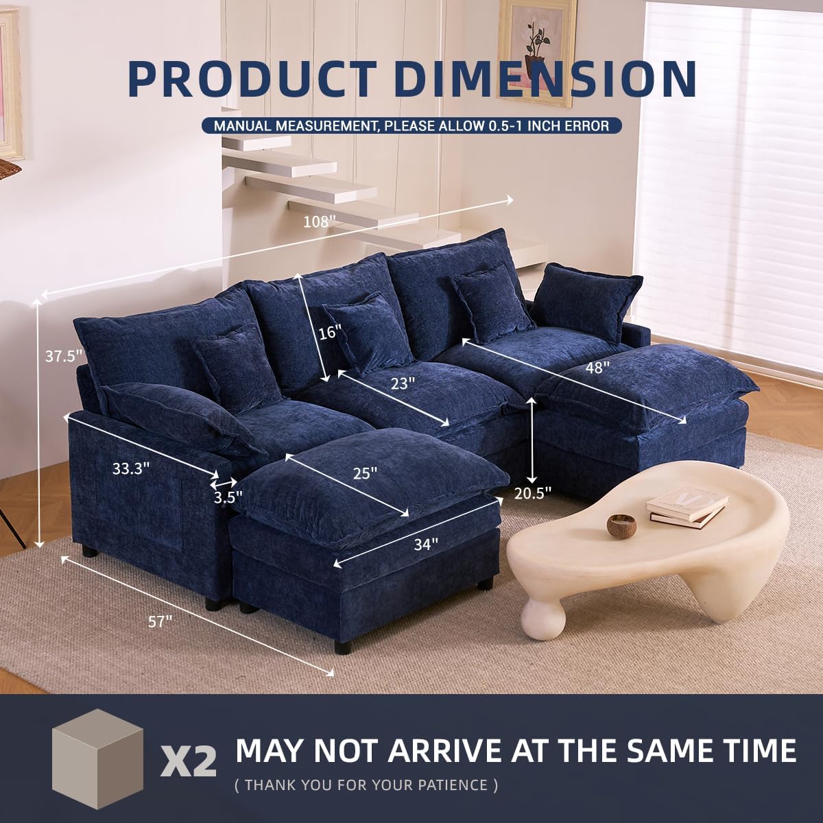 The Haven 108" U-Shaped Modular Cloud Sofa – Deep Seat Chenille Sectional