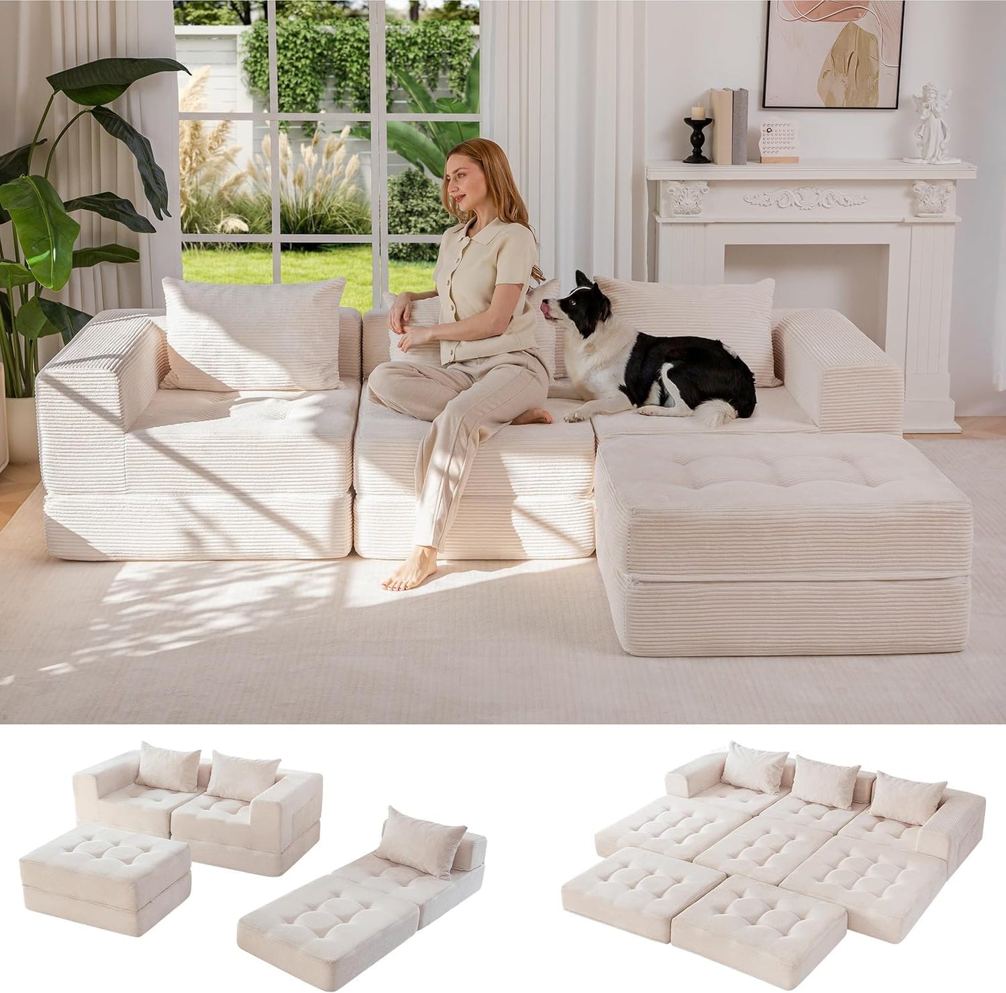 MAXYOYO Modular Sectional Sofa Bed, Convertible Sofa Bed with Foldable Sleeper and Throw Pillow, Corduroy Tufted Floor Couch Boneless for Living Room, Bedroom, Guest Room, No Assembly