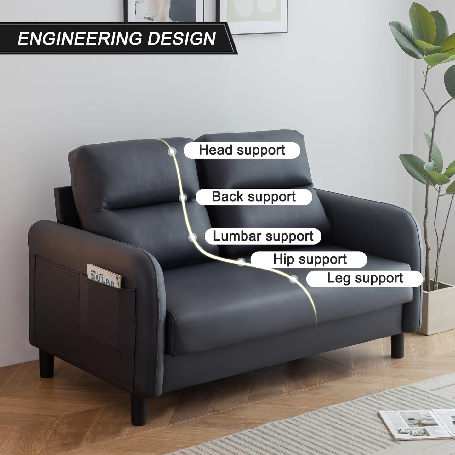 Faux Leather 2 Seater Sofa Couch With Cushion, 4 Legs, Love Seat Settee for Living Room, Office, Bedroom, Black