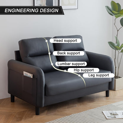 Faux Leather 2 Seater Sofa Couch With Cushion, 4 Legs, Love Seat Settee for Living Room, Office, Bedroom, Black