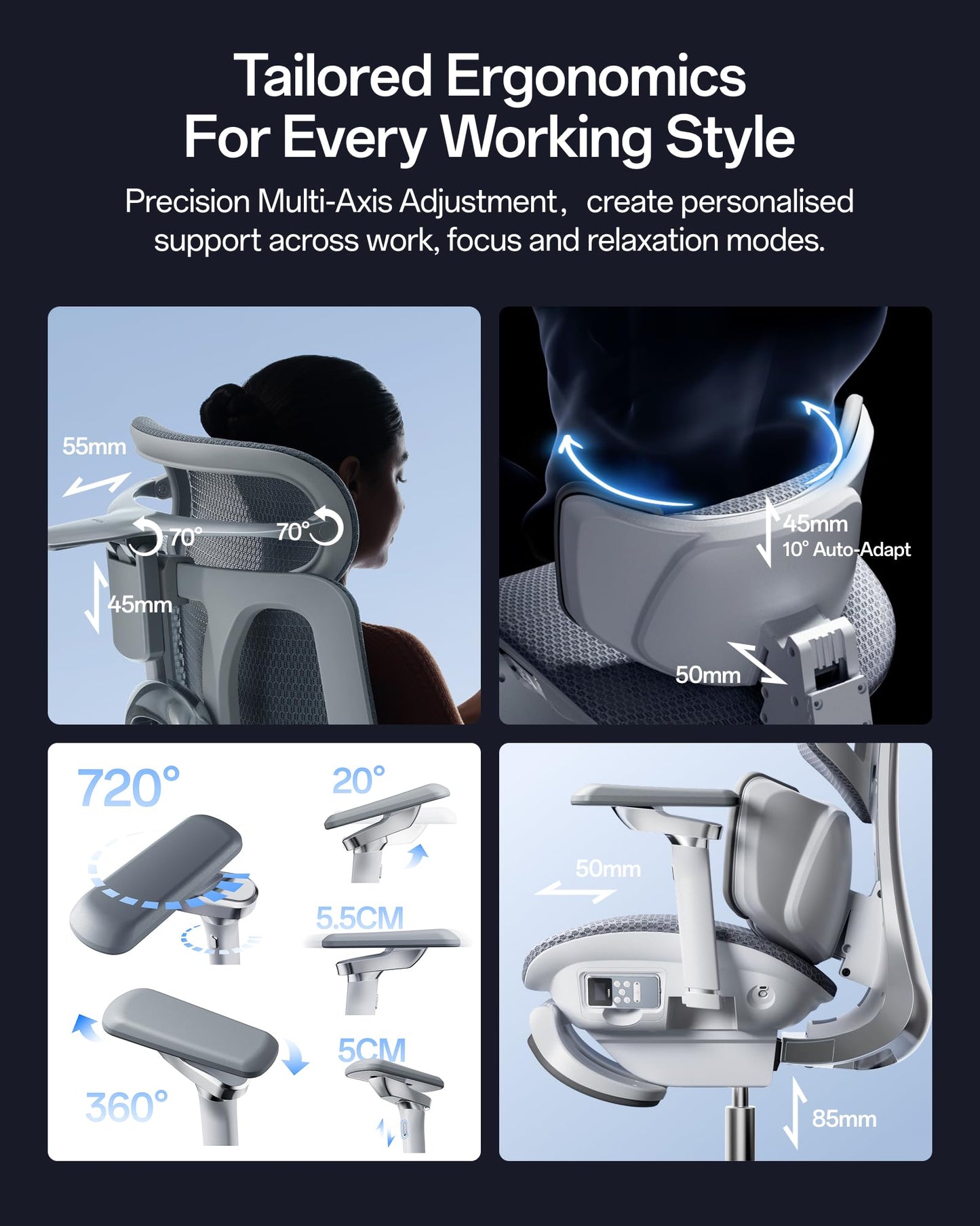 Hbada X7 Smart Ergonomic Office Chair – AI Lumbar Tracking, 8D Bionic Massage & Heating, 4D Dual-Axis Headrest, 720° Adjustable Armrests, Ventilated Mesh Seat with Cooling Fan, BIFMA Certified