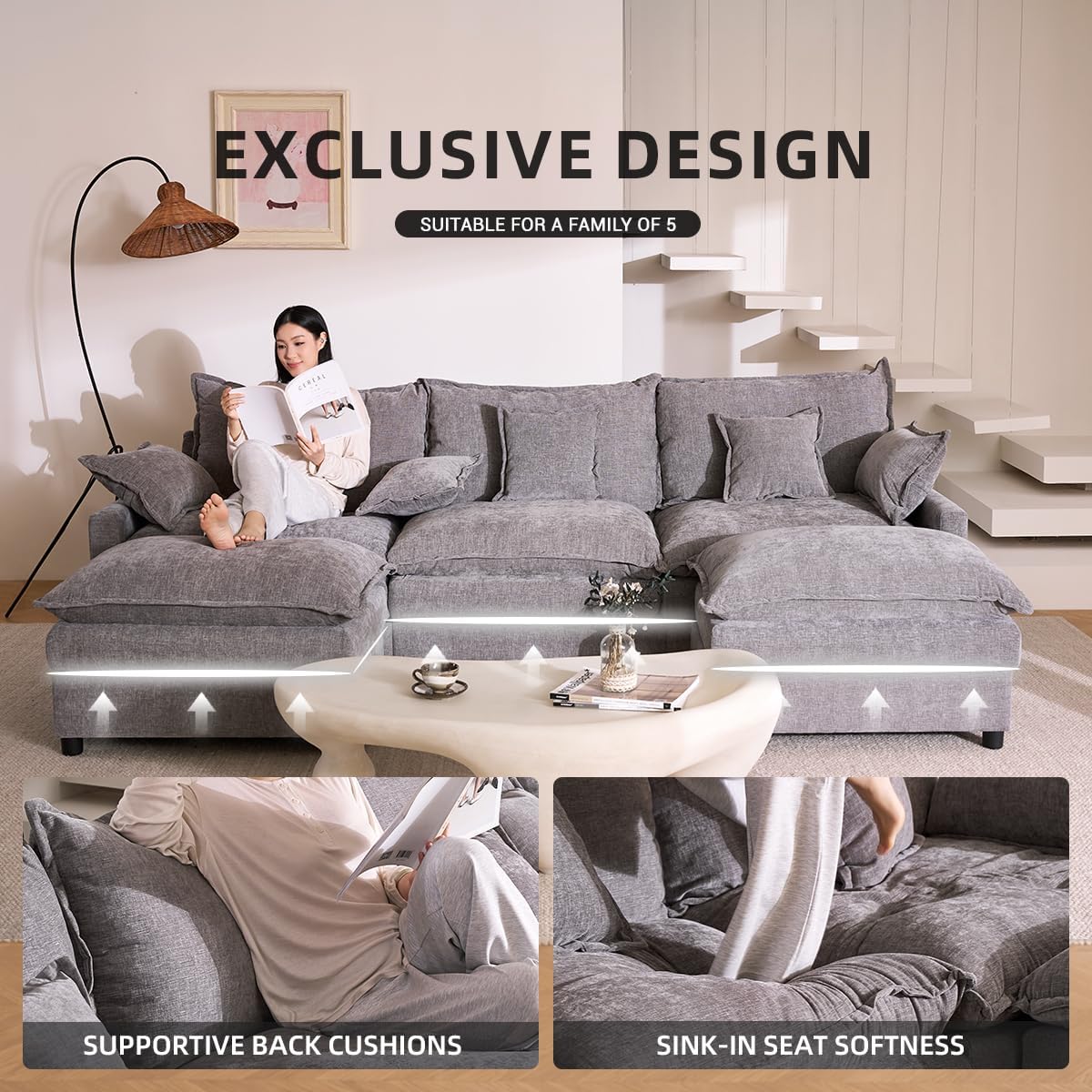 The Haven 108" U-Shaped Modular Cloud Sofa – Deep Seat Chenille Sectional