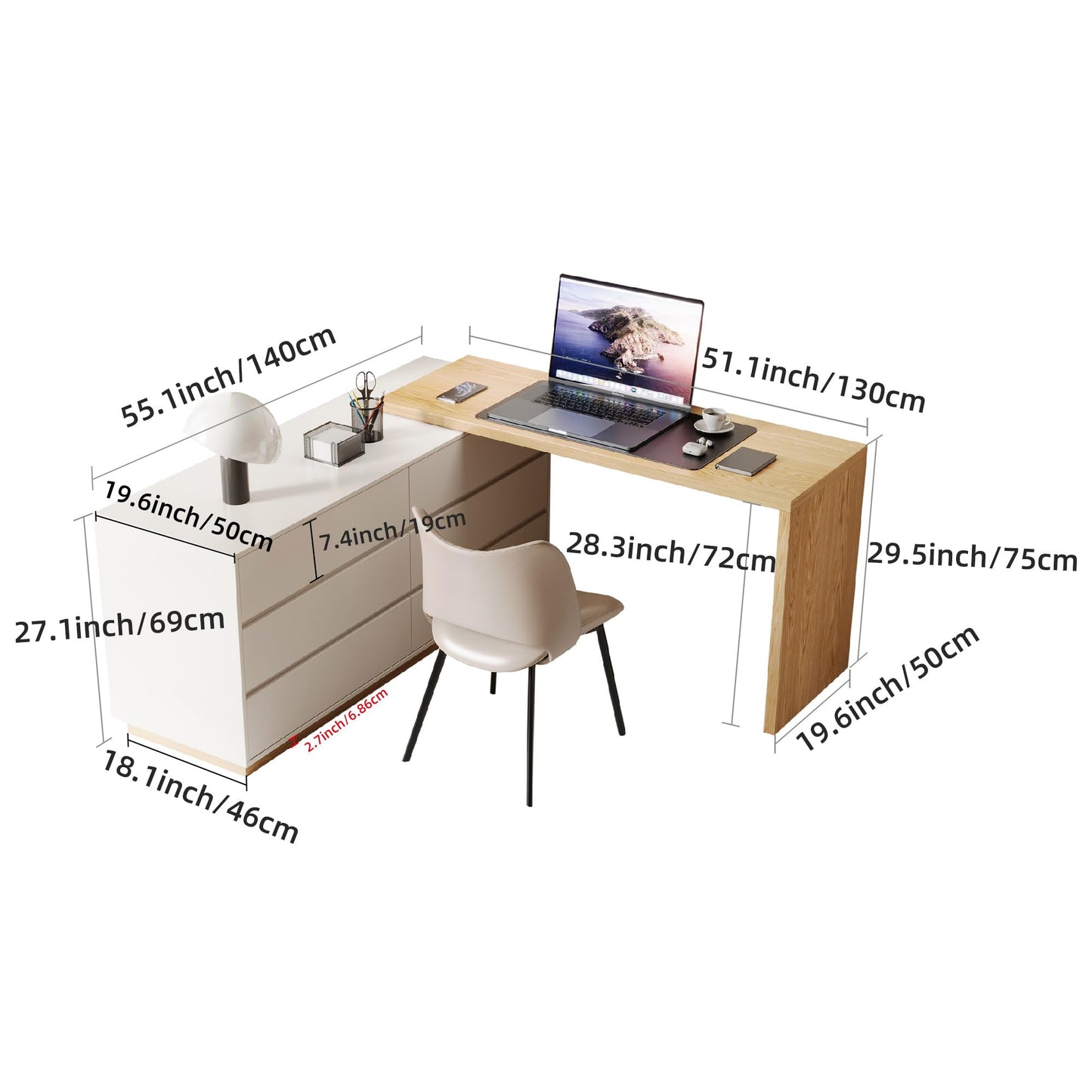 LumivoxNest Modern L-Shaped Desk with 6 Drawers, Adjustable Corner Desk 1.4m to 2.5m, White Computer Desk for Home Office, Study & Gaming