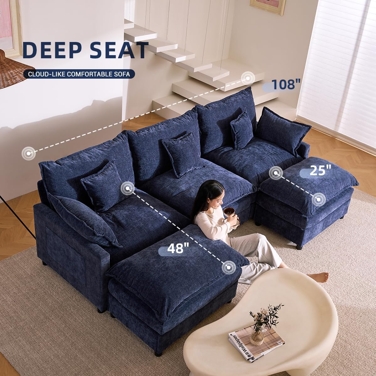 The Haven 108" U-Shaped Modular Cloud Sofa – Deep Seat Chenille Sectional