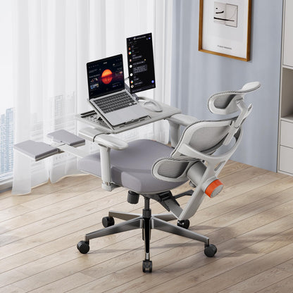 Newtral Ergonomic Office Chair with Detachable Laptop Tray - Home Desk Chair with Dynamic Lumbar Support, Foldable Footrest, 2D Headrest, 4D Armrest, Includes Mouse Zone, Cup Holder, NT002, Grey