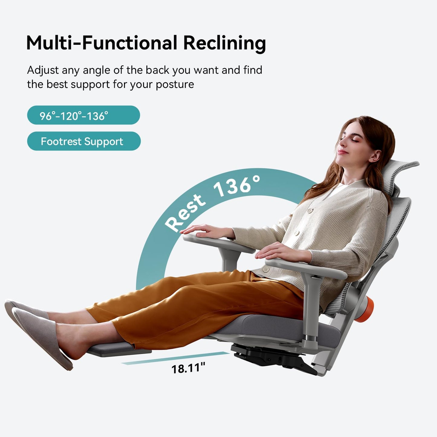 Newtral Ergonomic Office Chair with Detachable Laptop Tray - Home Desk Chair with Dynamic Lumbar Support, Foldable Footrest, 2D Headrest, 4D Armrest, Includes Mouse Zone, Cup Holder, NT002, Grey