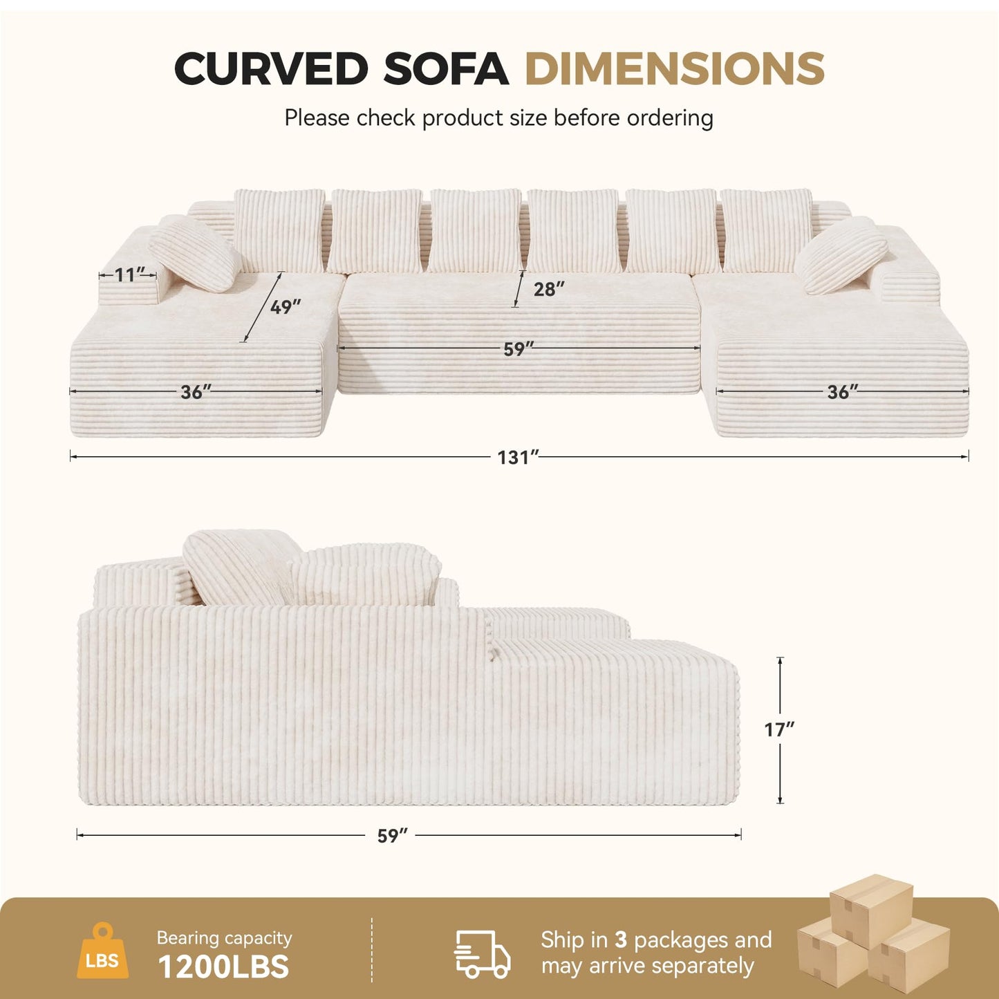 131'' Modular Sectional Sofa with Chaise Lounge, U-Shaped Cloud Couches for Living Room, No Assembly Required Corduroy Boneless Couch, Beige