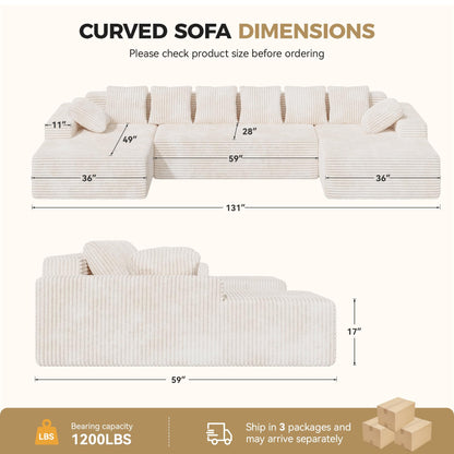 131'' Modular Sectional Sofa with Chaise Lounge, U-Shaped Cloud Couches for Living Room, No Assembly Required Corduroy Boneless Couch, Beige