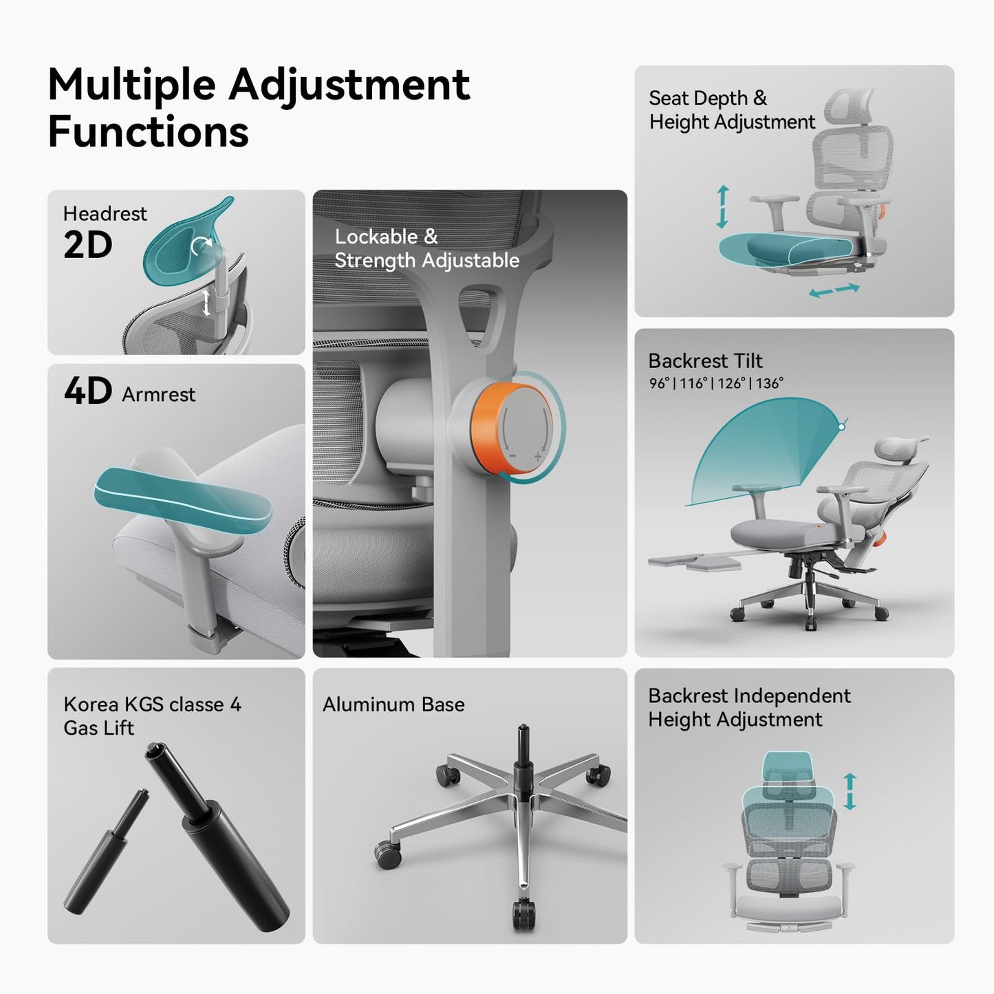 Newtral Ergonomic Office Chair with Detachable Laptop Tray - Home Desk Chair with Dynamic Lumbar Support, Foldable Footrest, 2D Headrest, 4D Armrest, Includes Mouse Zone, Cup Holder, NT002, Grey