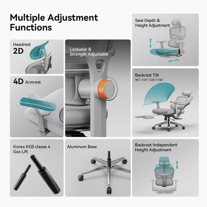Newtral Ergonomic Office Chair with Detachable Laptop Tray - Home Desk Chair with Dynamic Lumbar Support, Foldable Footrest, 2D Headrest, 4D Armrest, Includes Mouse Zone, Cup Holder, NT002, Grey