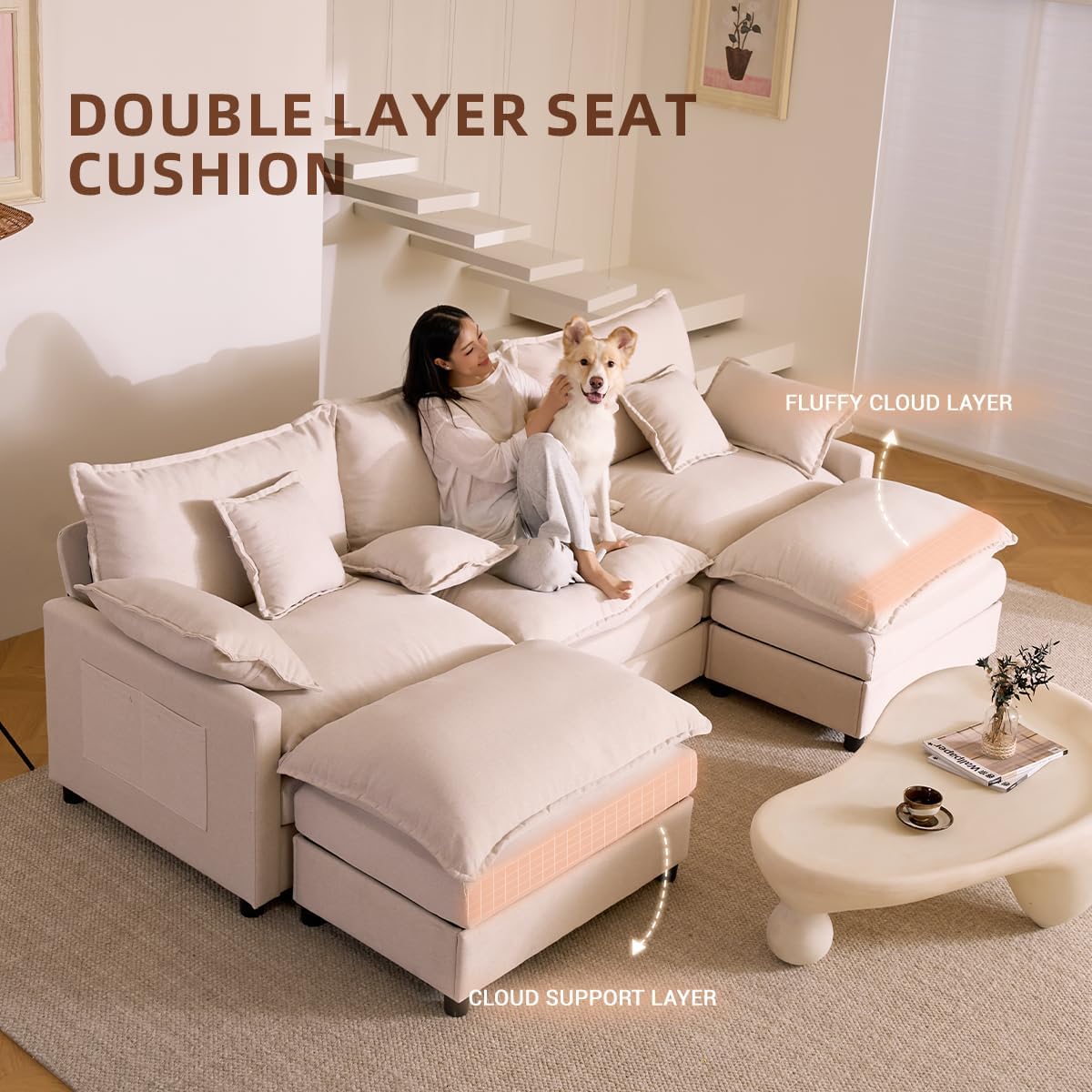 The Haven 108" U-Shaped Modular Cloud Sofa – Deep Seat Chenille Sectional