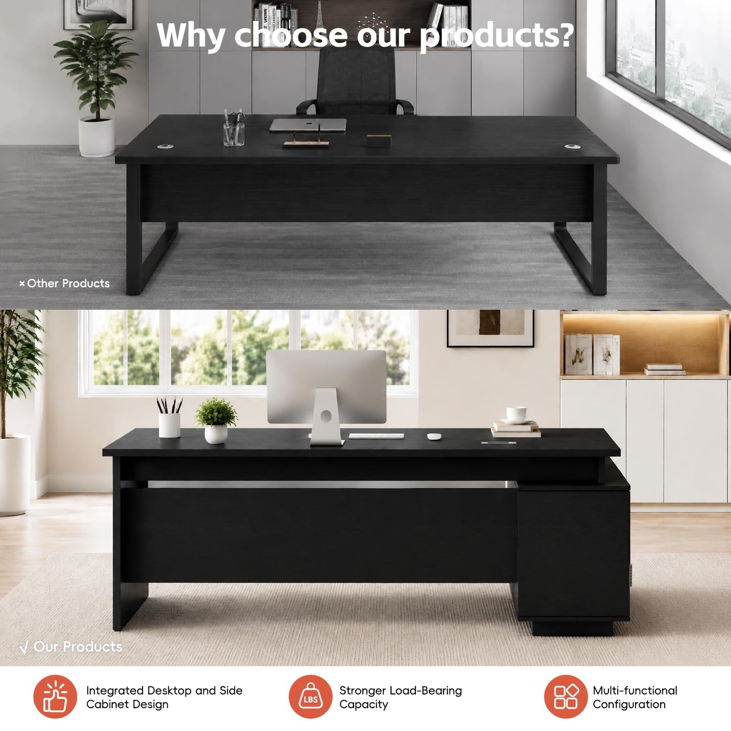 SNUGLIFY Large Executive Desk with Storage Cabinet and Drawers, Office Desk with Open Shelves, Cable Management, Desk for Home Office, Executive Office & Managers