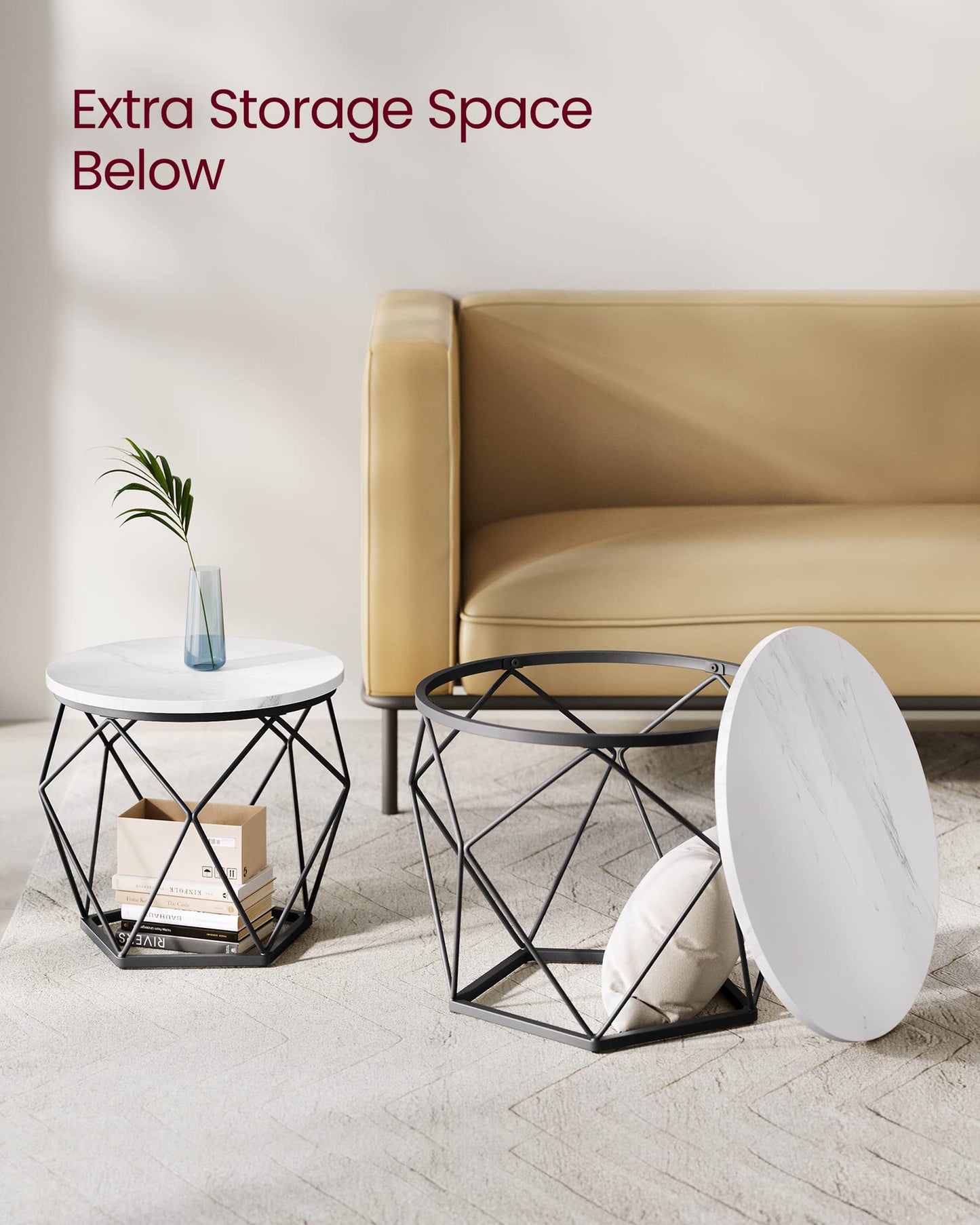 VASAGLE Round Coffee Table, Set of 2, Side Table, Sofa End Table, Modern Style, Removable Top, Steel Frame, for Living Room, White and Black LET040B59