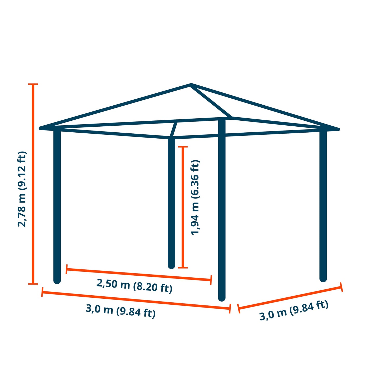 TOOLPORT Garden gazebo 3x3 m hardtop steel roof, 4 side panels in grey, poles 9x9cm