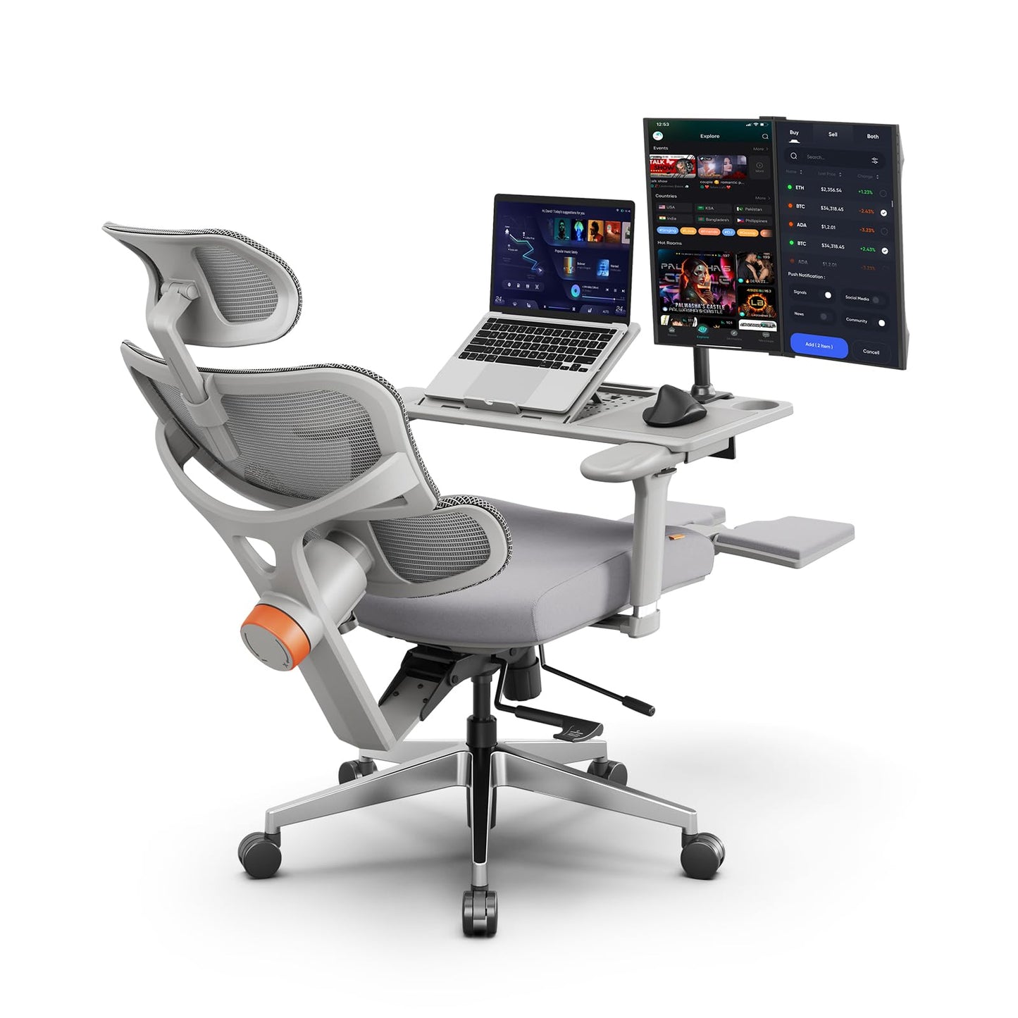 Newtral Ergonomic Office Chair with Detachable Laptop Tray - Home Desk Chair with Dynamic Lumbar Support, Foldable Footrest, 2D Headrest, 4D Armrest, Includes Mouse Zone, Cup Holder, NT002, Grey