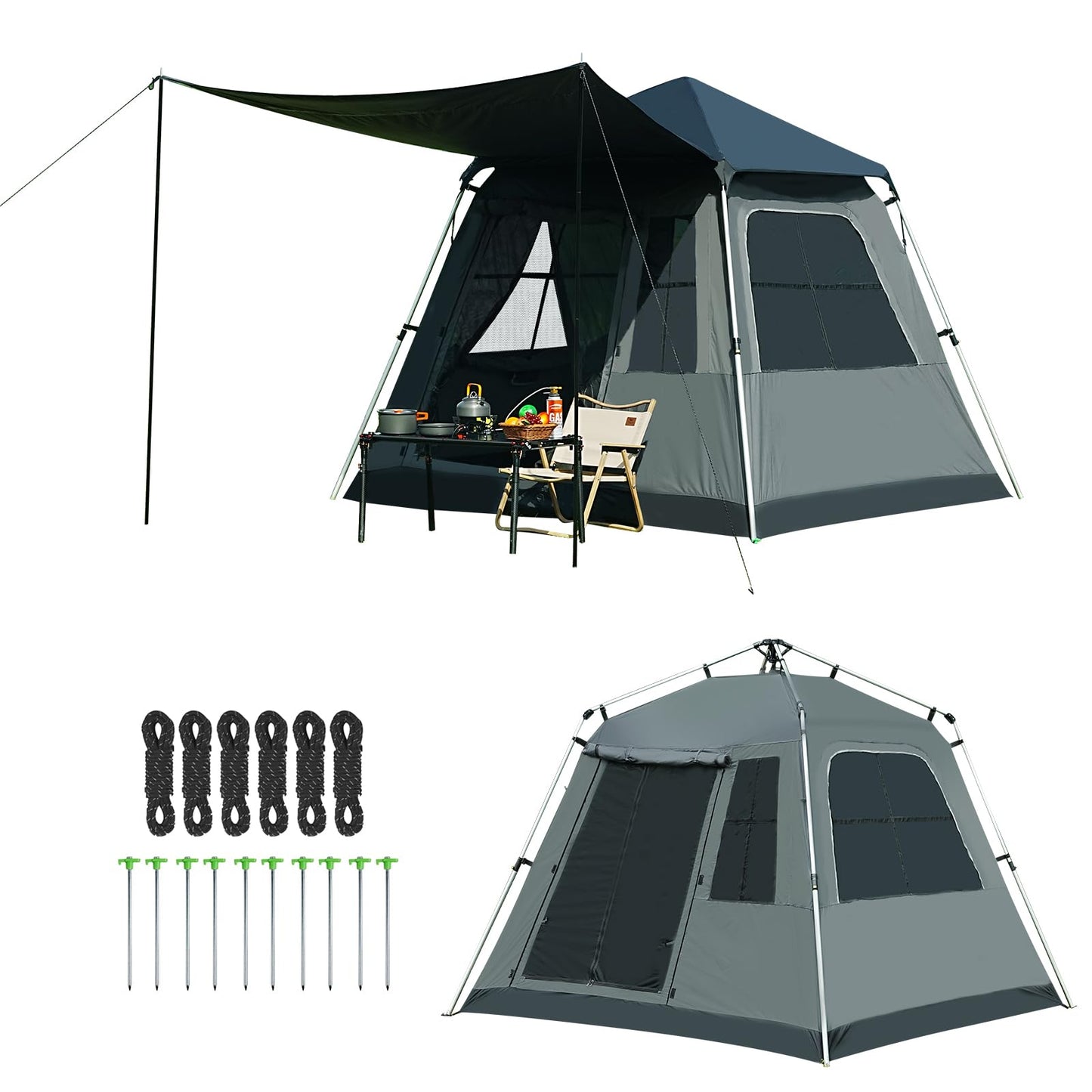 Instant Pop-Up Dome Tent 3-4 Person with Sunshade, Grey