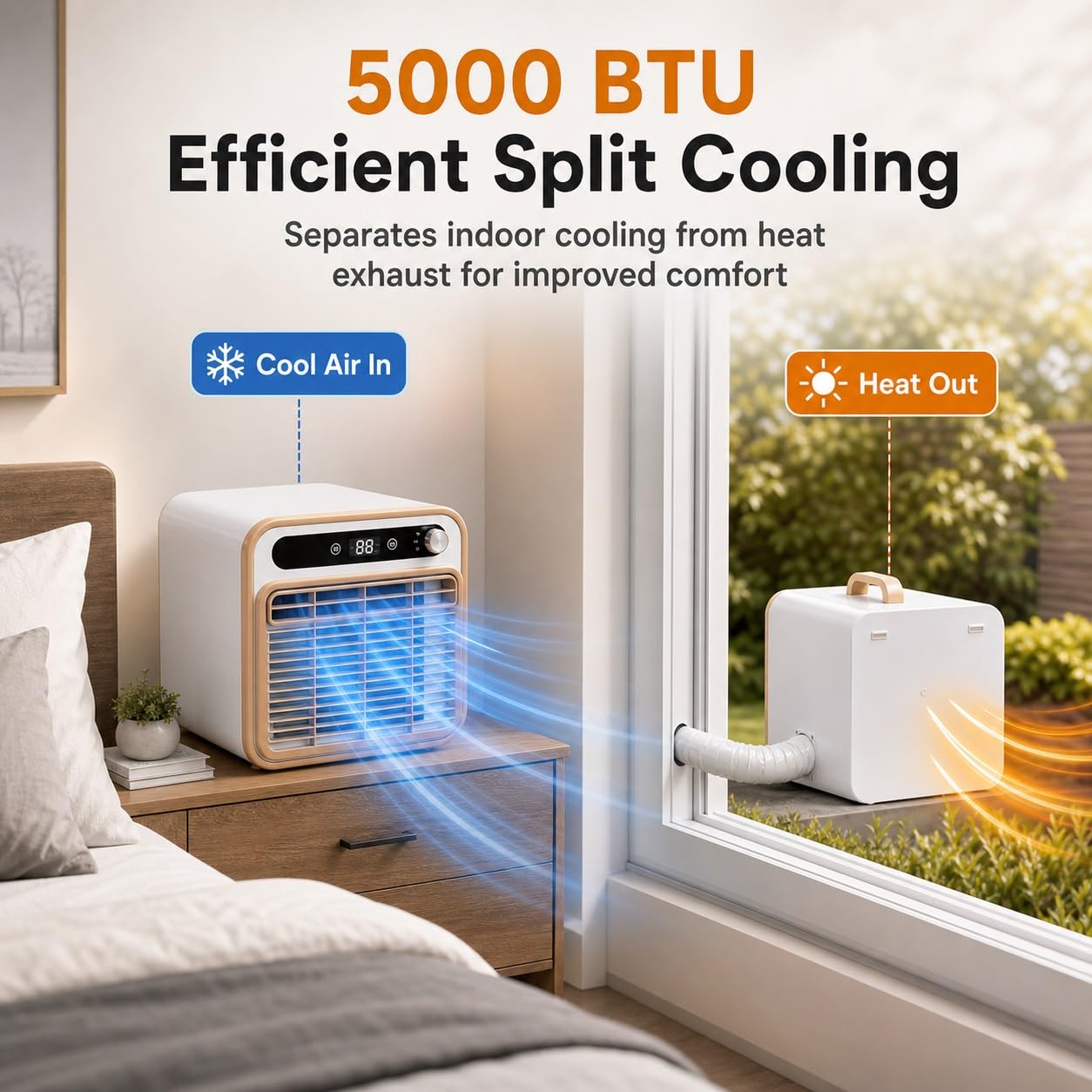 5000 BTU Portable Split AC, Smart Quiet Cooler with Remote & App Control, 12H Timer & 130m³/h Airflow, DIY Installation for Bedroom, Office, RV, Camping(1.5m tube)