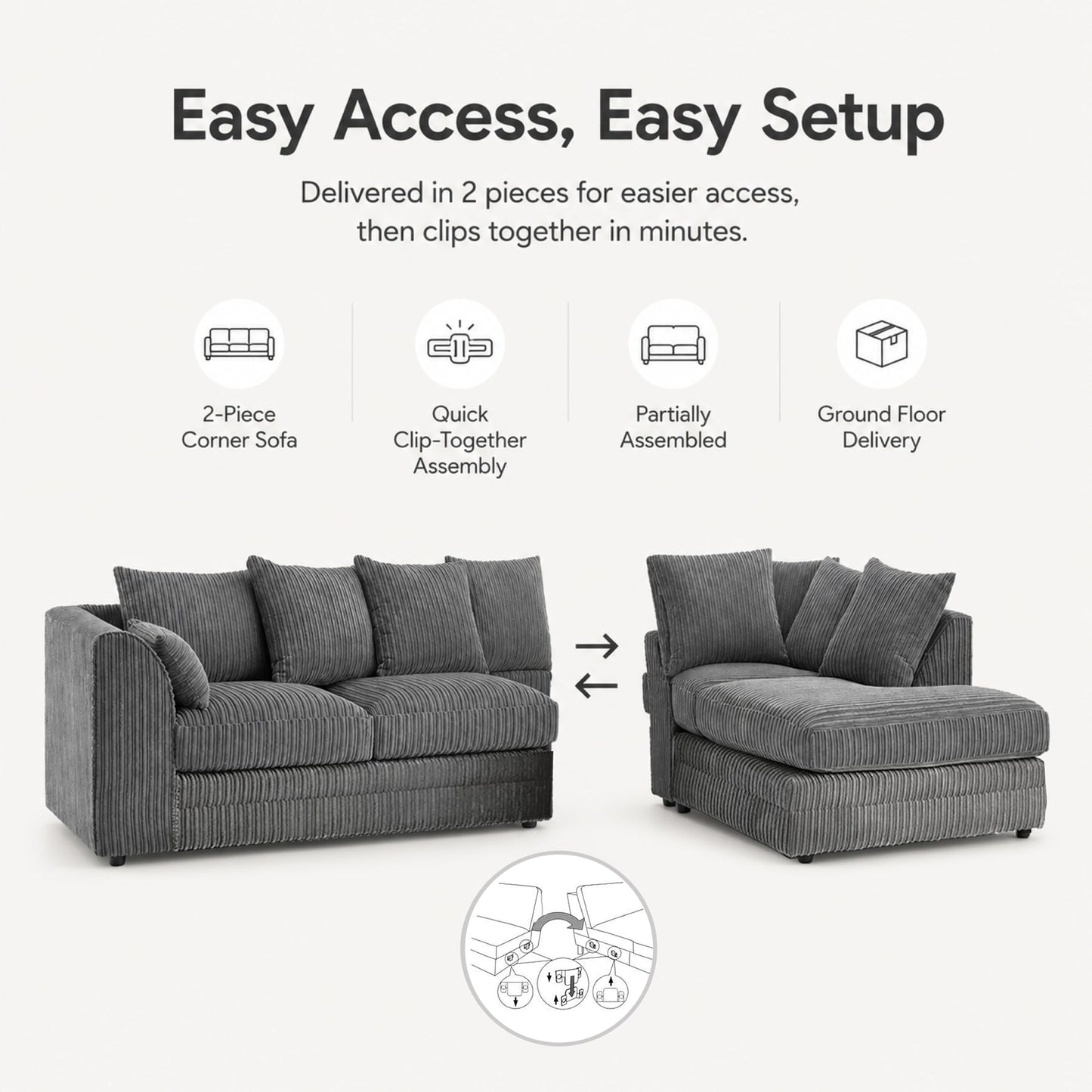 New Luxor Fabric Corner Sofa Grey | Soft Jumbo Cord 3-4 Seater Corner Sofa (Grey, Right Hand Facing)