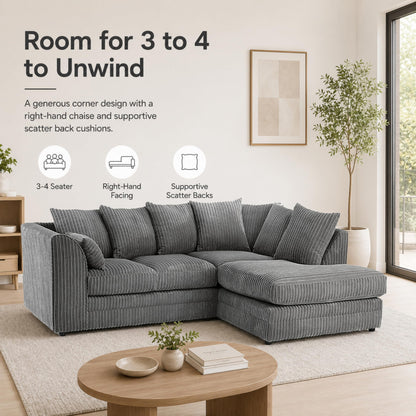 New Luxor Fabric Corner Sofa Grey | Soft Jumbo Cord 3-4 Seater Corner Sofa (Grey, Right Hand Facing)