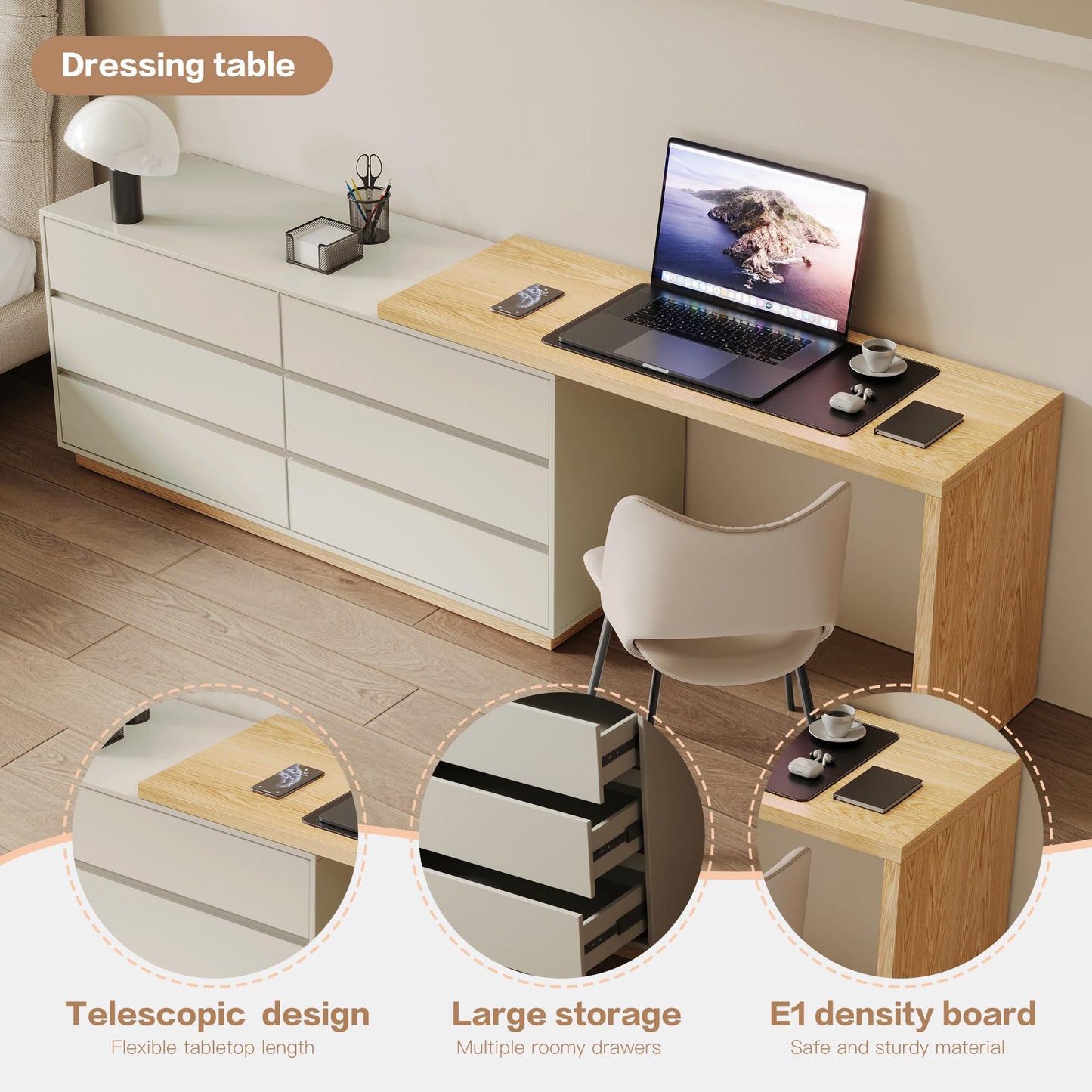 LumivoxNest Modern L-Shaped Desk with 6 Drawers, Adjustable Corner Desk 1.4m to 2.5m, White Computer Desk for Home Office, Study & Gaming