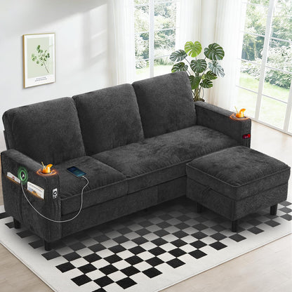 Aotumm Ciort 3-Seater Sofa with Storage Ottoman Footstool, L-shaped Chaise Lounge Sofa with USB Charging Ports, 2 Cup holders, Modern Fabric Small Space Corner Sofa Couch for Living Room (Deep Grey)